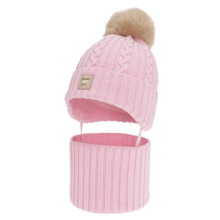 Czapka i komin dla dziewczynki, zimowy komplet, różowy, 100% wełniany merino, z pomponem Vratna-1