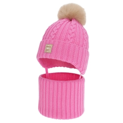 Czapka i komin dla dziewczynki, zimowy komplet, różowy, 100% wełniany merino, z pomponem Vratna-1