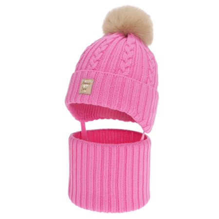 Czapka i komin dla dziewczynki, zimowy komplet, różowy, 100% wełniany merino, z pomponem Vratna-1