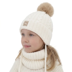 Czapka i komin dla dziewczynki, zimowy komplet, kremowy, 100% wełniany merino, z pomponem Vratna-1