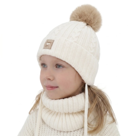 Czapka i komin dla dziewczynki, zimowy komplet, kremowy, 100% wełniany merino, z pomponem Vratna-1