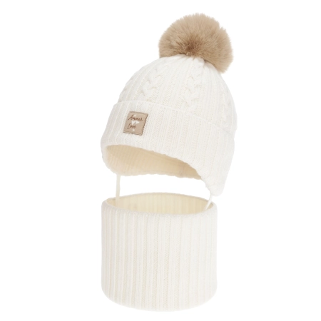 Czapka i komin dla dziewczynki, zimowy komplet, kremowy, 100% wełniany merino, z pomponem Vratna-2