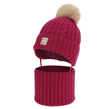 Czapka i komin dla dziewczynki, zimowy komplet, amarantowy, 100% wełniany merino, z pomponem Vratna-1