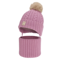 Czapka i komin dla dziewczynki, zimowy komplet, fioletowy, 100% wełniany merino, z pomponem Vratna-1