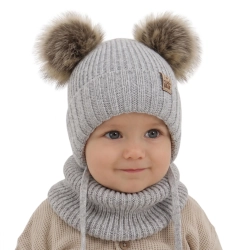 Czapka i komin dla chłopca zimowy komplet, szary, wiązany, 100% wełniany merino Konor-1