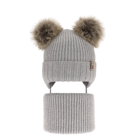 Czapka i komin dla chłopca zimowy komplet, szary, wiązany, 100% wełniany merino Konor-2