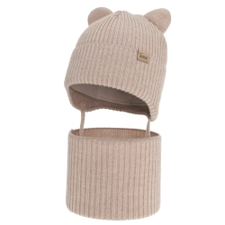 Czapka i komin dla chłopca zimowy komplet, beżowy, 100% wełniany merino,  podszyty bawełną, Flurix-1
