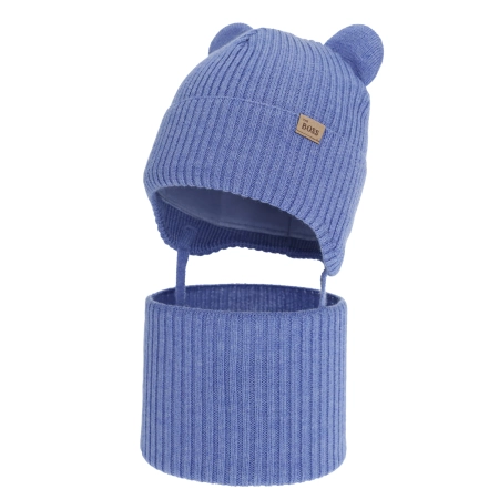 Czapka i komin dla chłopca zimowy komplet, niebieski, 100% wełniany merino,  podszyty bawełną, Flurix-2