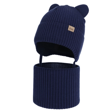 Czapka i komin dla chłopca zimowy komplet, granatowy, 100% wełniany merino,  podszyty bawełną, Flurix-2