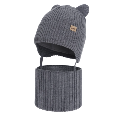 Czapka i komin dla chłopca zimowy komplet, szary, 100% wełniany merino,  podszyty bawełną, Flurix-2