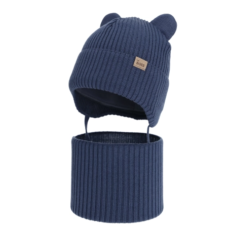 Czapka i komin dla chłopca zimowy komplet, ciemnoniebieski, 100% wełniany merino,  podszyty bawełną, Flurix-1