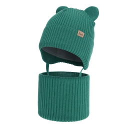 Czapka i komin dla chłopca zimowy komplet, szmaragdowy, 100% wełniany merino,  podszyty bawełną, Flurix-1