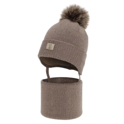 Czapka i komin dla chłopca zimowy komplet, ciemnobeżowy, 100% wełniany merino,  podszyty bawełną, Snorin-1