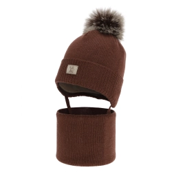 Czapka i komin dla chłopca zimowy komplet, brązowy, 100% wełniany merino,  podszyty bawełną, Snorin-1