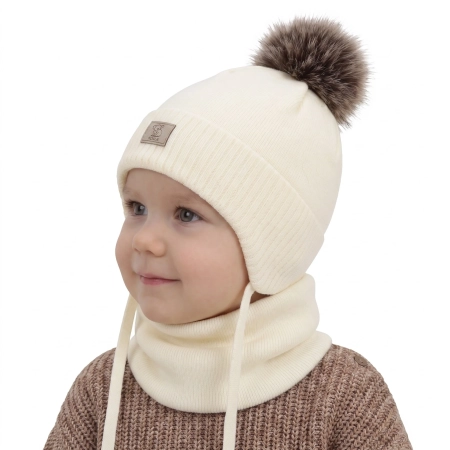 Czapka i komin dla chłopca zimowy komplet, kremowy, 100% wełniany merino,  podszyty bawełną, Snorin-1