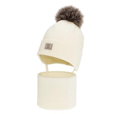 Czapka i komin dla chłopca zimowy komplet, kremowy, 100% wełniany merino,  podszyty bawełną, Snorin-2