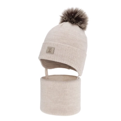 Czapka i komin dla chłopca zimowy komplet, beżowy, 100% wełniany merino,  podszyty bawełną, Snorin-1