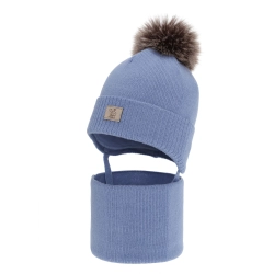 Czapka i komin dla chłopca zimowy komplet, niebieski, 100% wełniany merino,  podszyty bawełną, Snorin-1