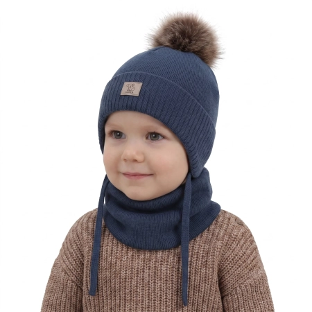 Czapka i komin dla chłopca zimowy komplet, ciemnoniebieski, 100% wełniany merino,  podszyty bawełną, Snorin-1