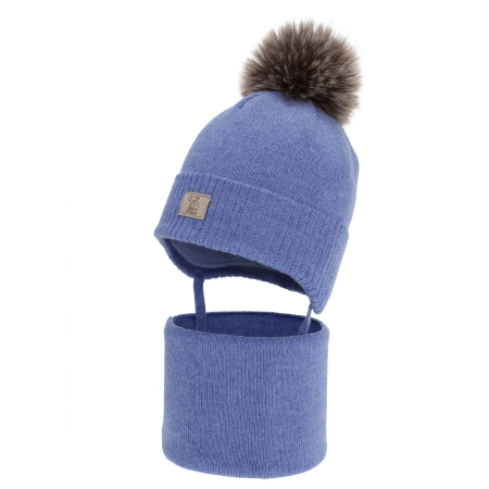 Czapka i komin dla chłopca zimowy komplet, niebieski, 100% wełniany merino,  podszyty bawełną, Snorin-1