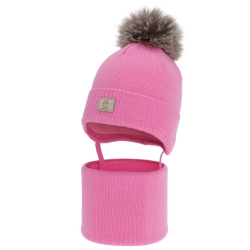 Czapka i komin dla dziewczynki zimowy komplet, różowy, 100% wełniany merino, podszyty bawełną, Senira-1