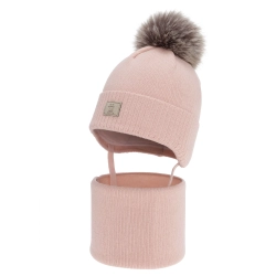 Czapka i komin dla dziewczynki zimowy komplet, różowy, 100% wełniany merino, podszyty bawełną, Senira-1