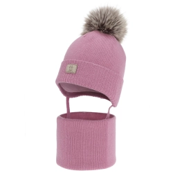 Czapka i komin dla dziewczynki zimowy komplet, fioletowy, 100% wełniany merino, podszyty bawełną, Senira-1