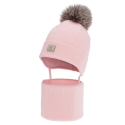 Czapka i komin dla dziewczynki zimowy komplet, różowy, 100% wełniany merino, podszyty bawełną, Senira-1