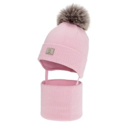 Czapka i komin dla dziewczynki zimowy komplet, różowy, 100% wełniany merino, podszyty bawełną, Senira-1