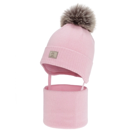 Czapka i komin dla dziewczynki zimowy komplet, różowy, 100% wełniany merino, podszyty bawełną, Senira-1