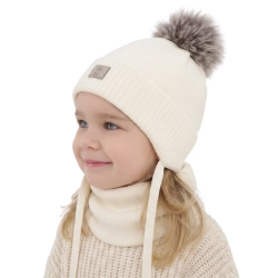 Czapka i komin dla dziewczynki zimowy komplet, kremowy, 100% wełniany merino, podszyty bawełną, Senira-1