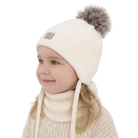 Czapka i komin dla dziewczynki zimowy komplet, kremowy, 100% wełniany merino, podszyty bawełną, Senira-1