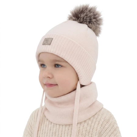 Czapka i komin dla dziewczynki zimowy komplet, jasnoróżowy, 100% wełniany merino, podszyty bawełną, Senira-2