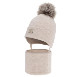 Czapka i komin dla dziewczynki zimowy komplet, beżowy, 100% wełniany merino, podszyty bawełną, Senira-1