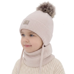 Czapka i komin dla dziewczynki zimowy komplet, beżowy, 100% wełniany merino, podszyty bawełną, Senira-1
