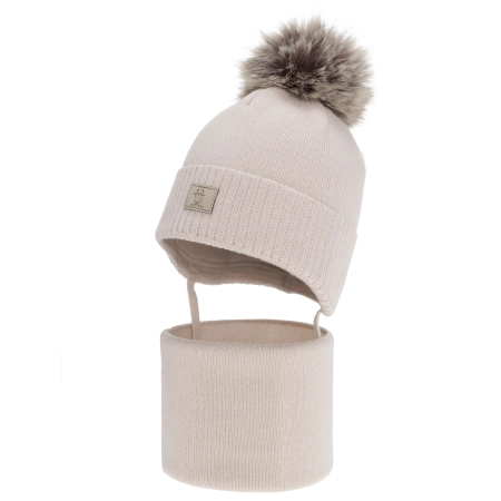 Czapka i komin dla dziewczynki zimowy komplet, beżowy, 100% wełniany merino, podszyty bawełną, Senira-2