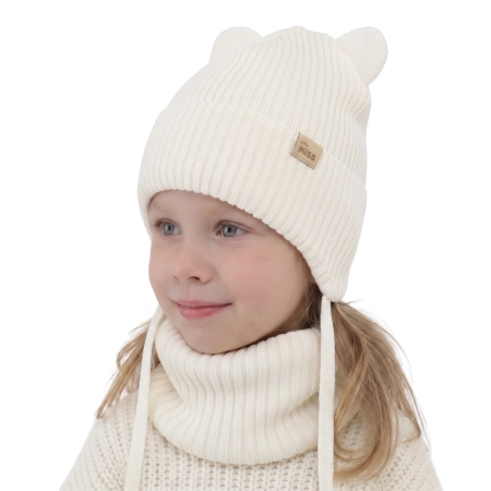 Czapka i komin dla dziewczynki zimowy komplet, kremowy, 100% wełniany merino, podszyty bawełną, Frosta-1