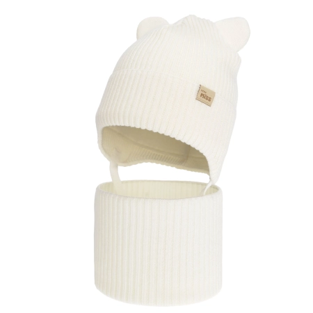 Czapka i komin dla dziewczynki zimowy komplet, kremowy, 100% wełniany merino, podszyty bawełną, Frosta-2