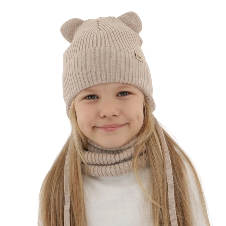 Czapka i komin dla dziewczynki zimowy komplet, beżowy, 100% wełniany merino, podszyty bawełną, Frosta-1
