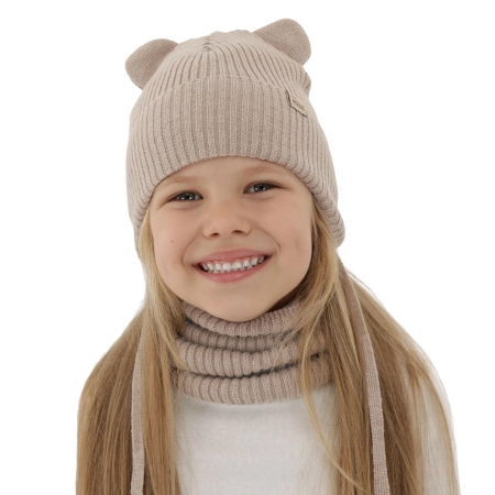 Czapka i komin dla dziewczynki zimowy komplet, beżowy, 100% wełniany merino, podszyty bawełną, Frosta-2