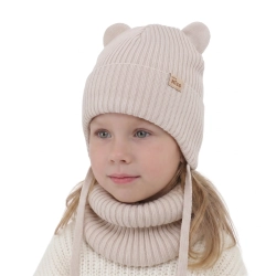 Czapka i komin dla dziewczynki zimowy komplet, beżowy, 100% wełniany merino, podszyty bawełną, Frosta-1