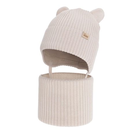 Czapka i komin dla dziewczynki zimowy komplet, beżowy, 100% wełniany merino, podszyty bawełną, Frosta-2