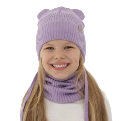 Czapka i komin dla dziewczynki zimowy komplet, fioletowy, 100% wełniany merino, podszyty bawełną, Frosta-1