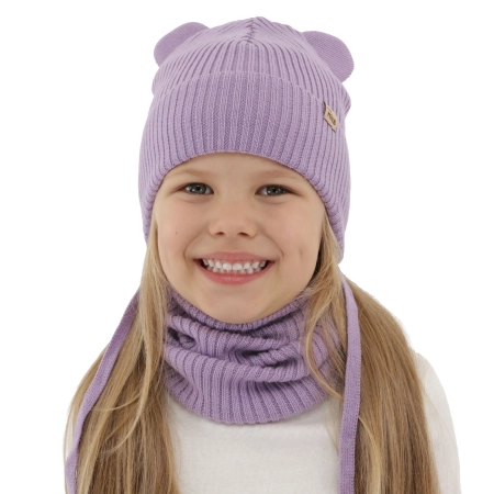 Czapka i komin dla dziewczynki zimowy komplet, fioletowy, 100% wełniany merino, podszyty bawełną, Frosta-2
