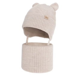 Czapka i komin dla dziewczynki zimowy komplet, beżowy, 100% wełniany merino, podszyty bawełną, Frosta-1