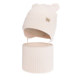 Czapka i komin dla dziewczynki zimowy komplet, jasnoróżowy, 100% wełniany merino, podszyty bawełną, Frosta-1