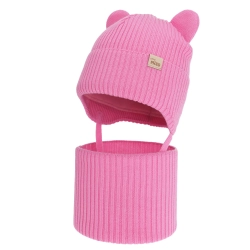 Czapka i komin dla dziewczynki zimowy komplet, różowy, 100% wełniany merino, podszyty bawełną, Frosta-1