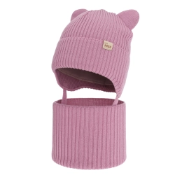 Czapka i komin dla dziewczynki zimowy komplet, fioletowy, 100% wełniany merino, podszyty bawełną, Frosta-1
