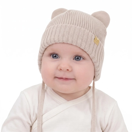 Czapka zimowa dla dziewczynki, beżowa, wiązana, z wełną merino Shira-1