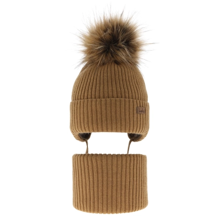 Czapka i komin dla chłopca zimowy komplet, camel, wiązany, z pomponem Bergo-2